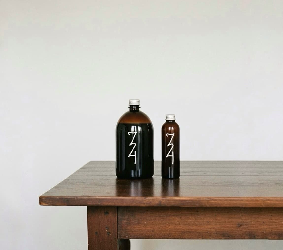 chai syrup bottles on a table